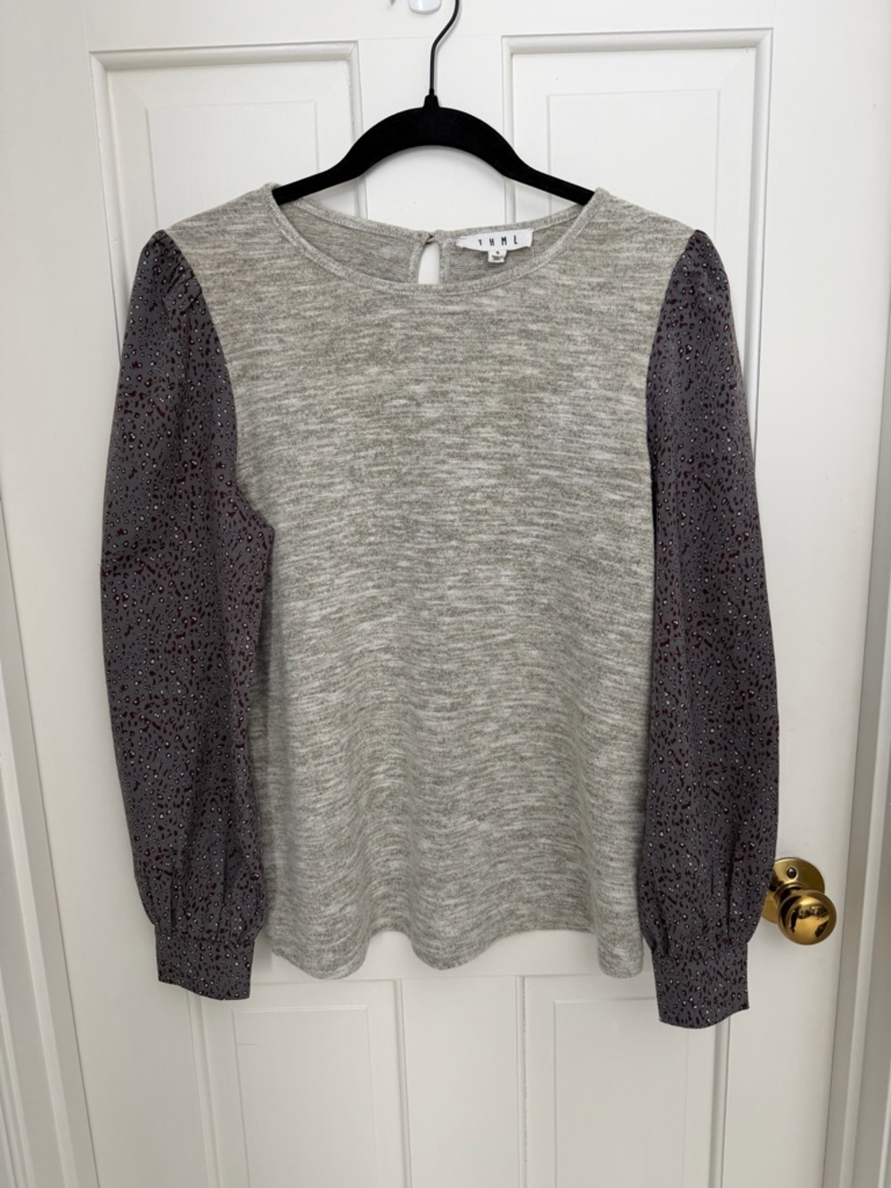 THML Grey Knit Top with Charcoal Patterned Balloon Sleeves